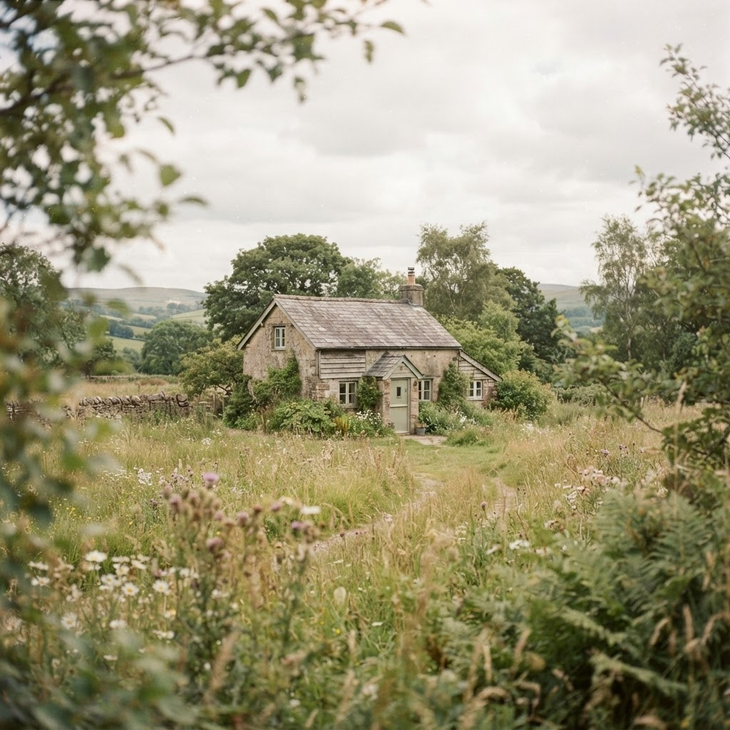A softly blurred cottage framed by nature